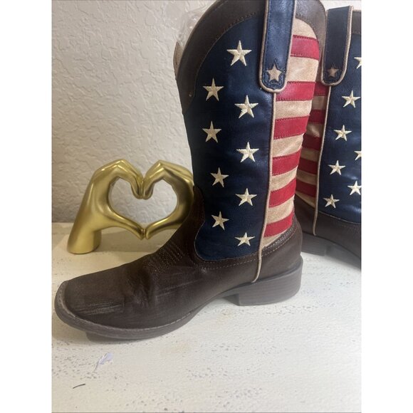 ROPER COWBOY BOOT BROWN FAUX LEATHER WITH AMERICAN FLAG UPPER Size 8 - Picture 8 of 14